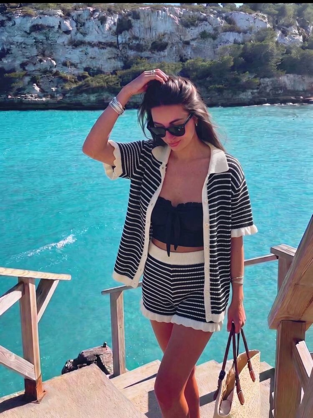 Striped Black and White Crochet Beach Cover-Up Set